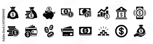 Money icon set. Money bag, dollar, coin, savings, bank, billfold, earnings, cash, baby pig, investment, atm machine, wallet, digital finance, gold, growth, budget, accounting. Vector illustration