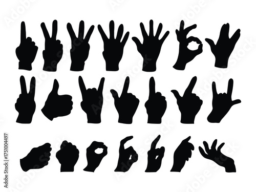 Hand Gestures Silhouette Set. Vector Hand Signs Collection