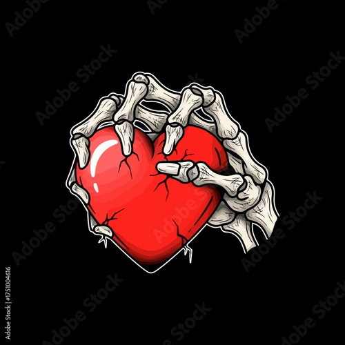 skeleton hands folded in a red heart, heart gesture, black and white line drawing vector.