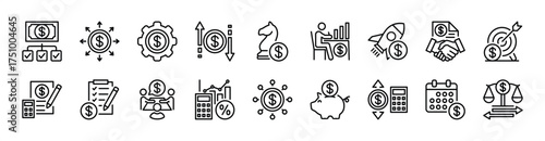 Financial management thin line icon set. Contains savings, income, spending, strategy, startup, contract agreement, target, accounting, list, planning, decision, balance, expenditure, tax - vector