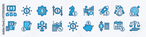 Set of financial management icon. Income, savings, accounting, strategy, spending, startup, contract agreement, target, list, planning, decision, balance, expenditure, tax - vector illustration