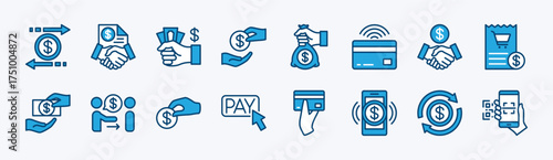 Set of financial transaction icon. Pay, payment method, banking, cash, credit card, refund, digital mobile currency, scan barcode, exchange, purchase, tax receipt, transfer, loan - vector illustration