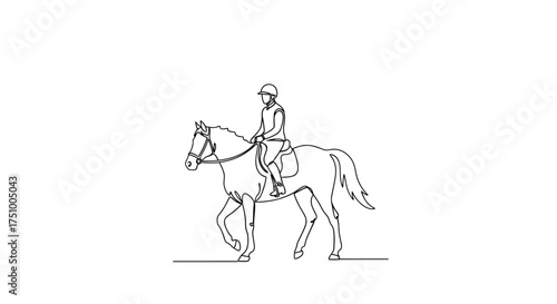 A single continuous line art illustration of equestrian sport featuring a horse and rider elegant