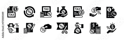Tax, taxes and accounting icon vector set. Contains finance form, return, income, bank payment, document, calculating machine, discount, invoice, checklist, report, bill, submission. Illustration
