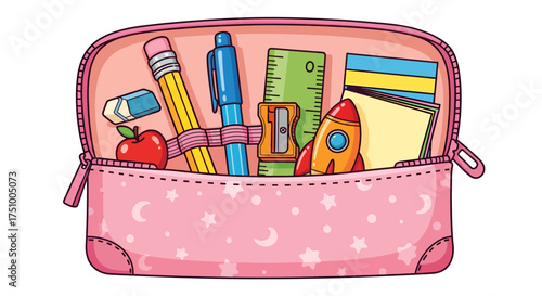 Adorable pink pencil case filled with stationery items and creative tools, suitable for school or