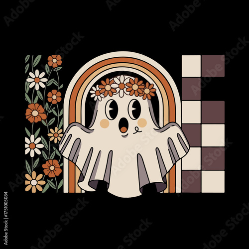 design features a cartoon ghost with a surprised expression, wearing a floral crown. 