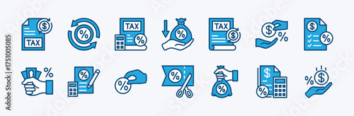 Set of tax, taxes and accounting icon. Contains finance, form, return, income, bank payment, document, calculating machine, discount, invoice, checklist, report, bill, submission - vector illustration