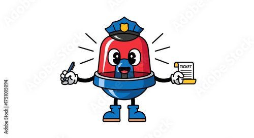 Animated emergency light character embodying law enforcement issuing a ticket for violations