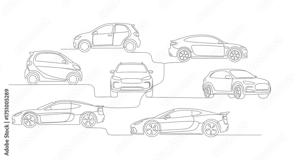Obraz premium Continuous line drawing of various car models illustrating automotive design evolution