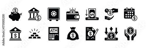 Money deposit icon vector set. Contains earnings, savings, banking, safe, atm machine, wallet, piggy bank, financial management, investment, loan, contract, calendar, gold, deadline. Illustration
