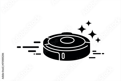 Black robotic vacuum cleaner moving with motion lines and sparkle effect cleaning domestic robot