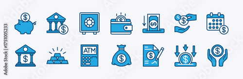 Set of money deposit icon. Contains earnings, banking, savings, financial management, safe, atm machine, wallet, piggy bank, investment, loan, contract, calendar, gold, deadline - vector illustration