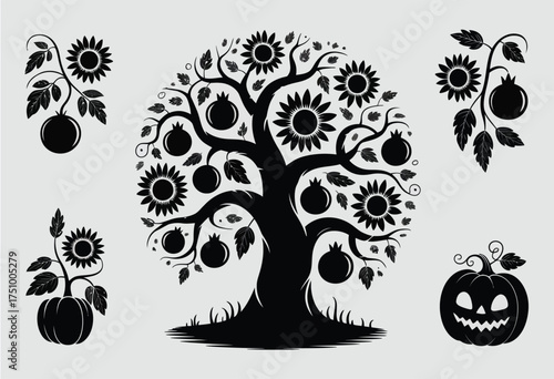 Set of four black silhouette vector illustrations featuring a tree pumpkins and sunflowers scalable eps graphic silhouette vector illustration white background