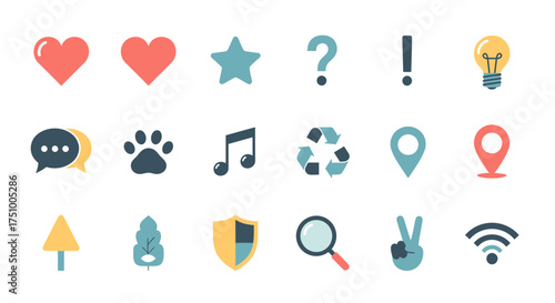 Collection of colorful flat design icons representing various concepts and functionalities