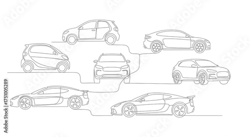 Continuous line drawing of various car models illustrating automotive design evolution