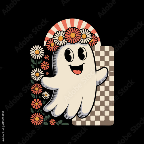 design features a cartoon ghost with a surprised expression, wearing a floral crown. 