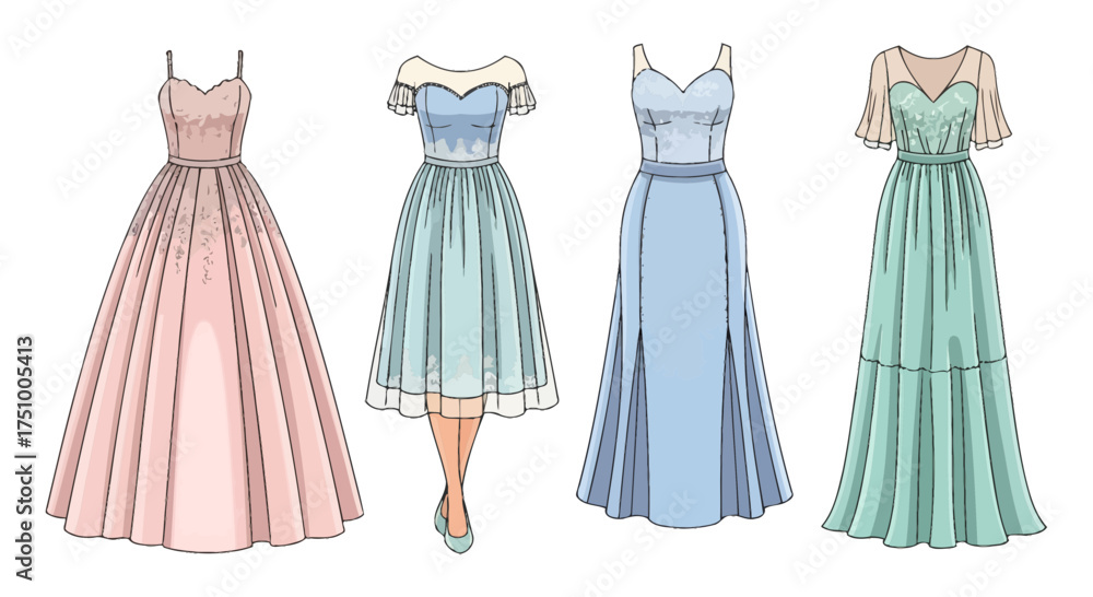 Obraz premium Elegant selection of formal dresses in pastel tones perfect for special occasions or fashion design