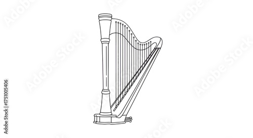 Elegant harp illustration in minimalist black and white vector line art style for musical themes