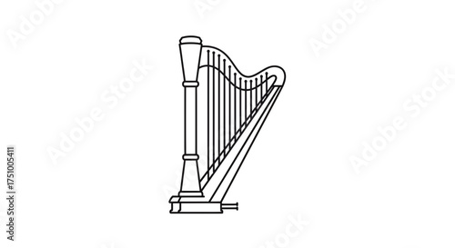 Elegant harp outline on white background, a musical instrument with strings isolated line art