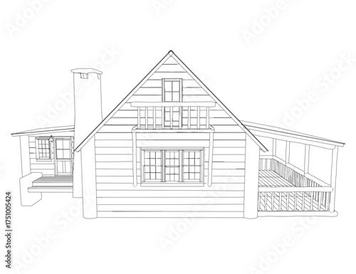 Log cabin contour sketch features a two-story house with a front porch and chimney. The line art is isolated on a white background.