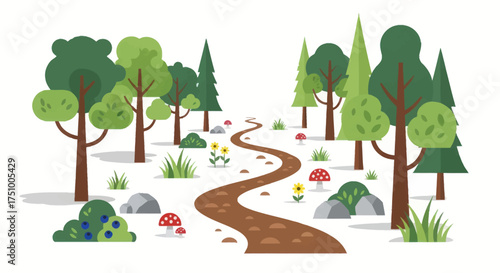 Whimsical Cartoon Forest Path with Diverse Green Trees Bushes and Mushrooms.