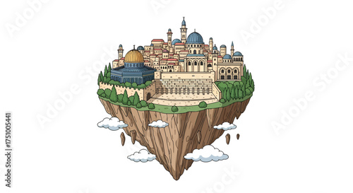 Floating metropolis illustration with distinctive architecture and stylized landscape scene