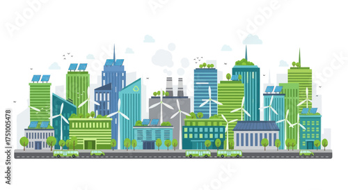 Eco-friendly cityscape with modern green buildings and wind turbines.