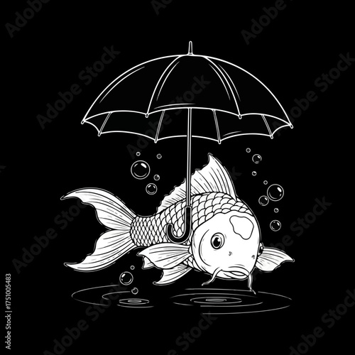 black and white illustration of a fish holding an umbrella while standing in water. It is a vector illustration often used for stock photos, t-shirt designs, or other graphic art