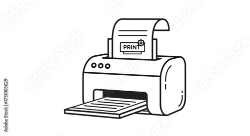 Minimalist printer illustration emitting document with 'print' message and gear graphic