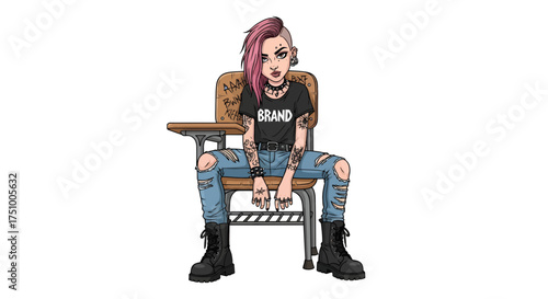 Illustrative punk student confidently posed on old school desk with a rebellious flair