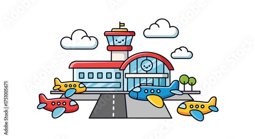 Playful Airport Illustration with Smiling Airplanes and Clouds for Children's Designs