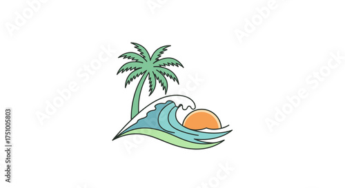 Tropical paradise design featuring a palm tree, wave, and sun for vacation vibes