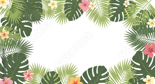 Tropical Foliage Frame with Lush Palm Leaves and Vibrant Hibiscus Flowers Backdrop
