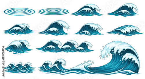 Collection of Stylized Blue Ocean Waves and Ripples Illustrations.