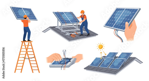 Solar Panel Installation Process and Renewable Energy System Setup Illustrations.