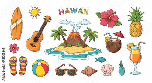 Vibrant Hawaiian Island Vacation Clipart Collection with Tropical Elements and Playful Design