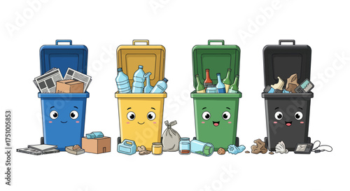 Four colorful cartoon recycling bins with happy faces filled with various recyclable materials.