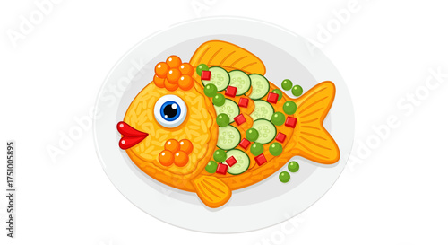 Whimsical culinary art illustration featuring a stylized fish with creative vegetable toppings