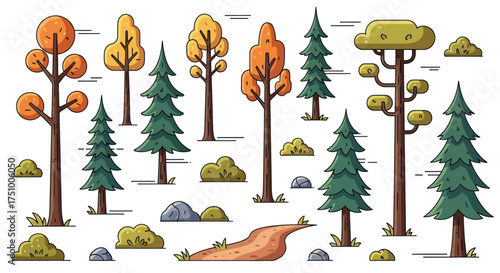 Diverse collection of stylized trees and shrubs in autumnal colors.
