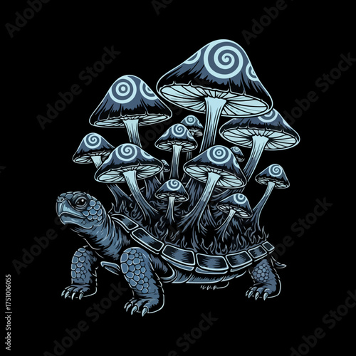  a black and white illustration of a turtle with a cluster of mushrooms growing on its shell. This type of imagery is often used in tattoos, apparel, and as phone wallpapers