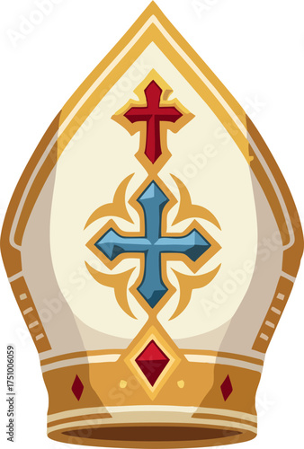 Vector Bishop Mitre Hat with Ornate Red and Blue Crosses – Gold Trimmed Catholic Ceremonial Headwear Illustration