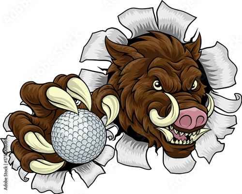 A wild boar, hog razorback warthog pig mean tough cartoon sports mascot holding a golf ball