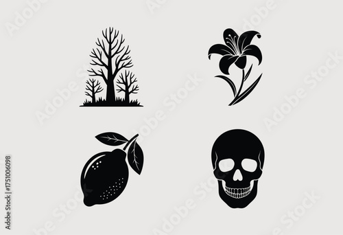 Minimalist black silhouette illustrations of a tree flower lemon and skull vector art scalable eps silhouette vector illustration white background