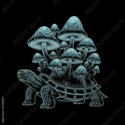  a black and white illustration of a turtle with a cluster of mushrooms growing on its shell. This type of imagery is often used in tattoos, apparel, and as phone wallpapers