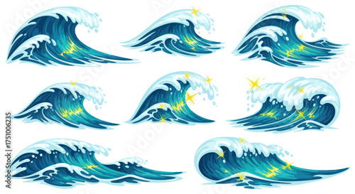 Collection of Dynamic Ocean Waves with Sparkling Highlights.