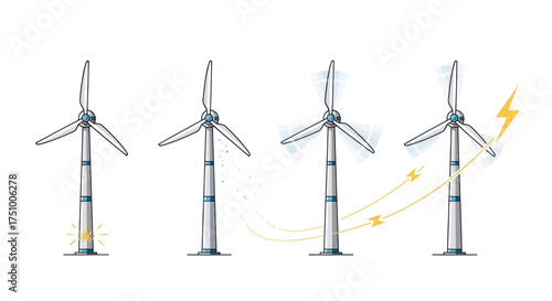 Hand-drawn Wind Turbines Generating Renewable Energy Illustration.