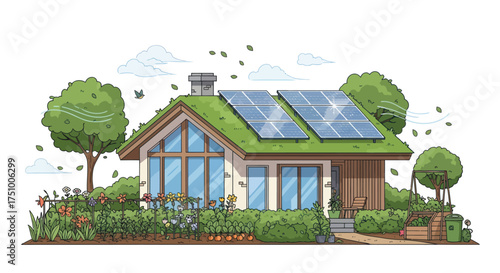 Eco-friendly house with green roof and solar panels surrounded by lush garden.