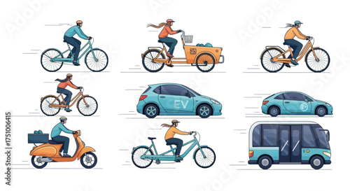People riding diverse vehicles: bicycles cars scooter and bus for urban transport and delivery.