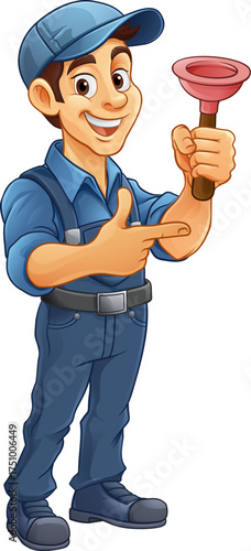 A plumber handyman cartoon mascot man holding a drain or toilet plunger and pointing