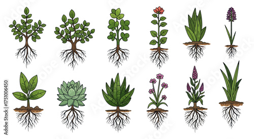 Diverse Collection of Green Plants with Exposed Root Systems Botanical Illustration.